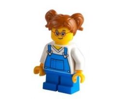 LEGO (60287) Girl - Blue Overalls over V-Neck Shirt, Dark Orange Hair Short, Parted with Two Pigtails, Red Glasses