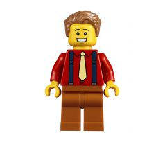 LEGO (10270) Male, Medium Nougat Hair, Red Shirt, Tan Tie, Dark Blue Suspenders, Dark Orange Legs