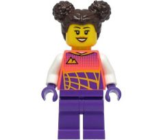LEGO (60293) Stuntz Driver, Dark Brown Hair, Coral Race Suit, Dark Purple Legs