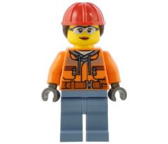 LEGO (60385) Construction Worker - Female, Orange Safety Jacket, Reflective Stripe, Sand Blue Hoodie, Sand Blue Legs, Red Construction Helmet with Dark Brown Hair - Town: City: Construction