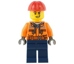 LEGO (60385) Construction Worker - Male, Orange Safety Jacket, Reflective Stripe, Sand Blue Hoodie, Dark Blue Legs, Red Construction Helmet- Town: City: Construction