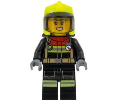 LEGO (60374) Fire - Female, Black Jacket and Legs with Reflective Stripes and Red Collar, Neon Yellow Fire Helmet, Trans-Brown Visor, Scared Open Mouth with Teeth
