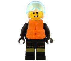 LEGO (60373) Fire - Male, Black Jacket and Legs with Reflective Stripes and Red Collar, White Helmet, Trans-Light Blue Visor, Orange Life Jacket