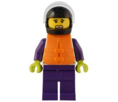 LEGO (60373) Speedboat Raft Driver - Female, White Jacket with Dolphin, Dark Purple Legs, Black Helmet, Trans-Clear Visor, Orange Life Jacket