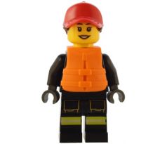 LEGO (60373) Fire - Female, Reflective Stripes with Utility Belt and Flashlight, Red Cap with Reddish Brown Ponytail, Orange Life Jacket