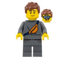 LEGO (60367) Plane Passenger - Male, Dark Bluish Gray Sweater with Orange Sling Bag, Dark Bluish Gray Legs, Reddish Brown Messy Hair, Sleep Mask