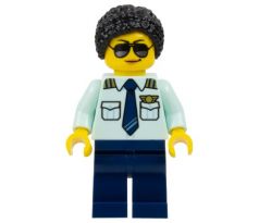 LEGO (60367) Passenger Plane Pilot - Female, Light Aqua Uniform Shirt with Tie, Dark Blue Legs, Black Braided Hair with Knot Bun, Sunglasses