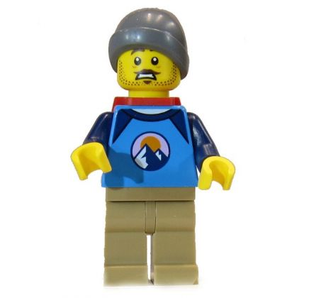 LEGO® Town Minifigurka Man, Dark Azure Shirt, Dark Tan Legs, Dark Bluish Gray Hat, Red Backpack